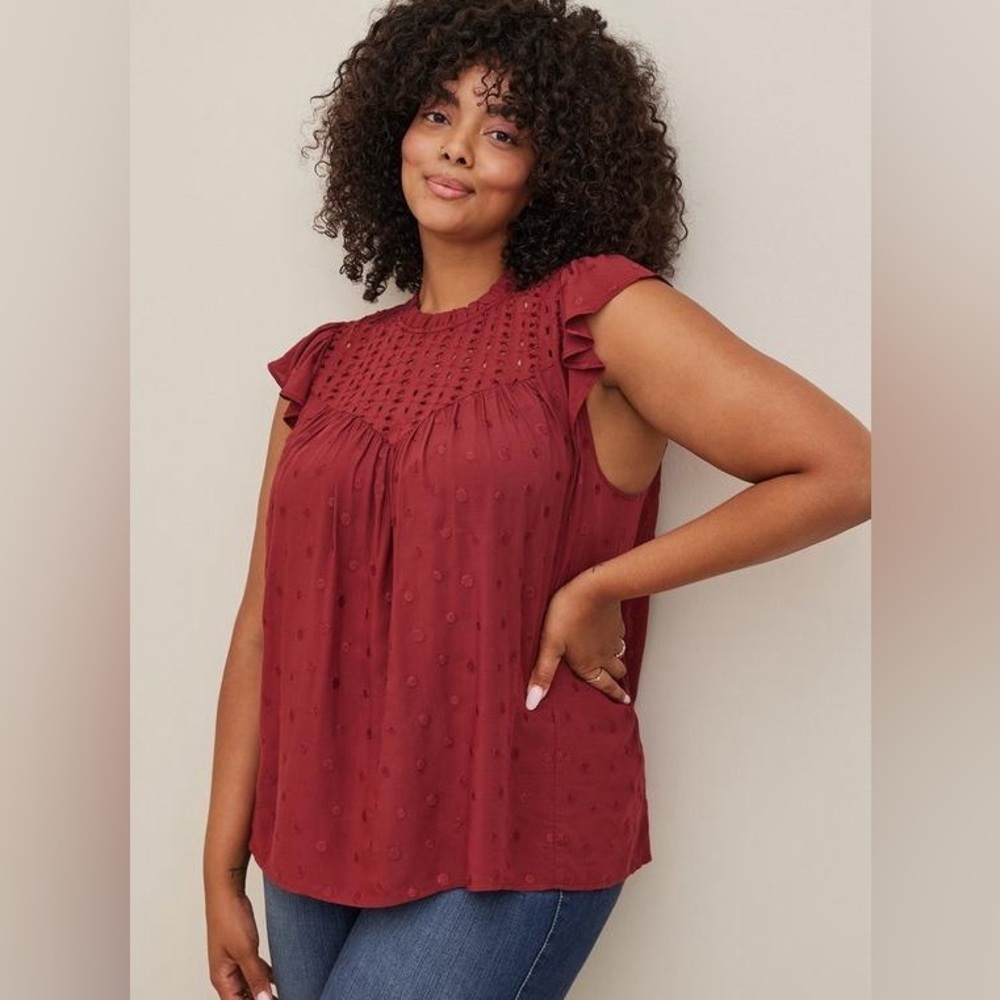 Torrid Brown Eyelet Ruffle Sleeve Top size 1 (1X)